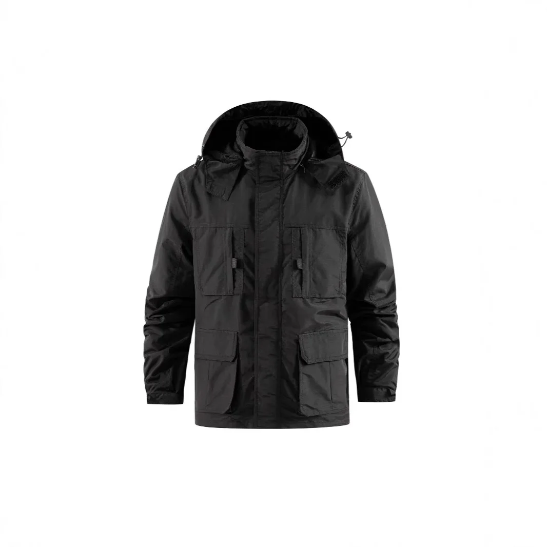 Primavera e outono jaqueta masculina casual gola alta solta jaqueta multi-bolso de meia-idade chapéu removível jaqueta ao ar livre