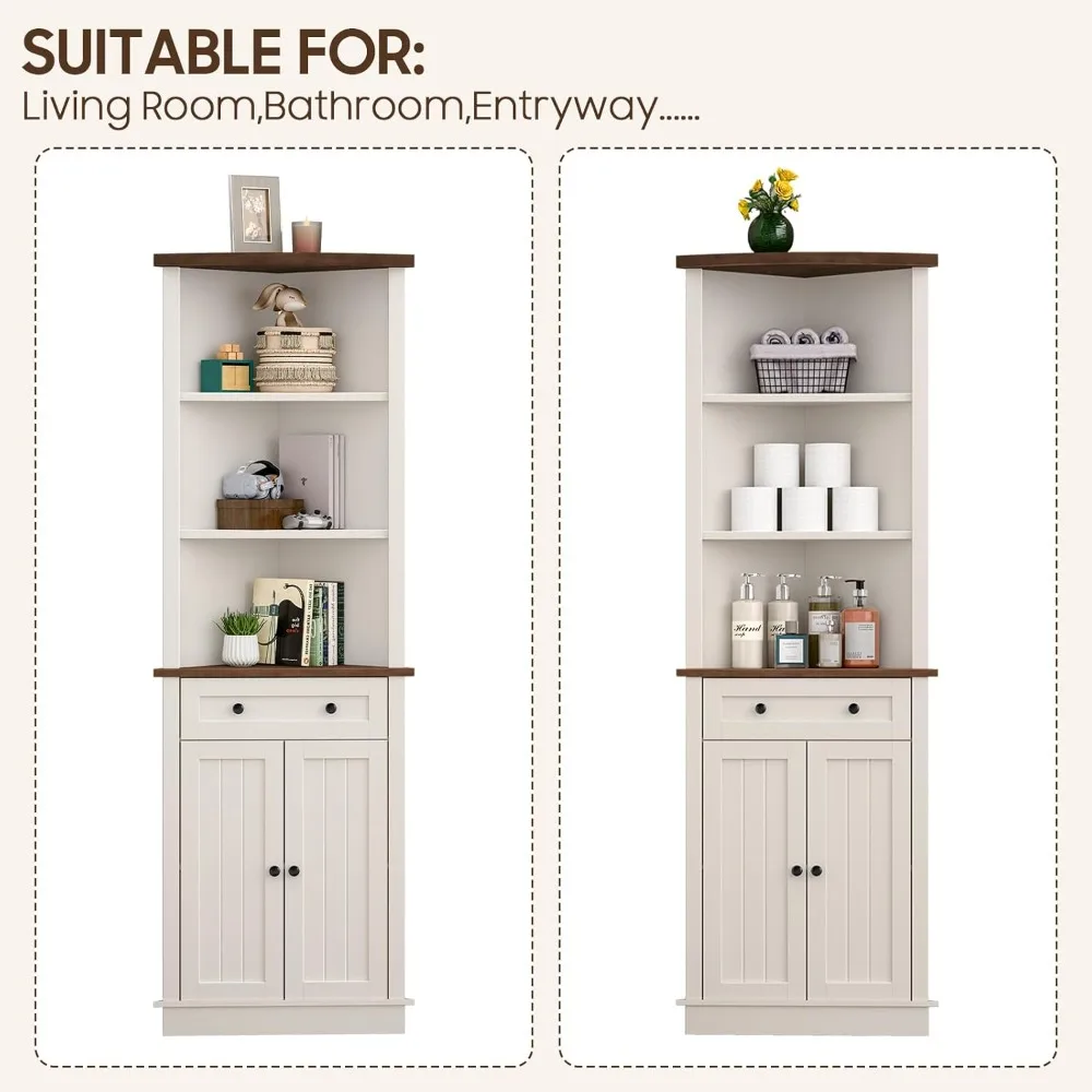 Tall Corner Bathroom Storage Cabinet with Small Drawer for Bathroom, Kitchen, Living Room, Rustic Style Cabinet, White