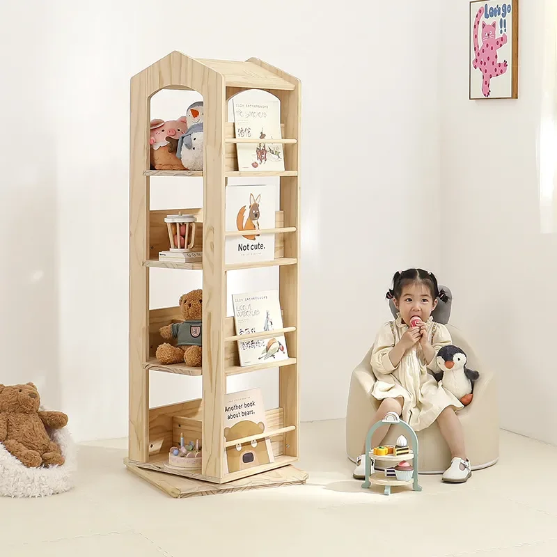 Solid Wood 360 Rotating Kids Bookshelf Vertical Montessori Reading Storage for Children Room Nursery Furniture