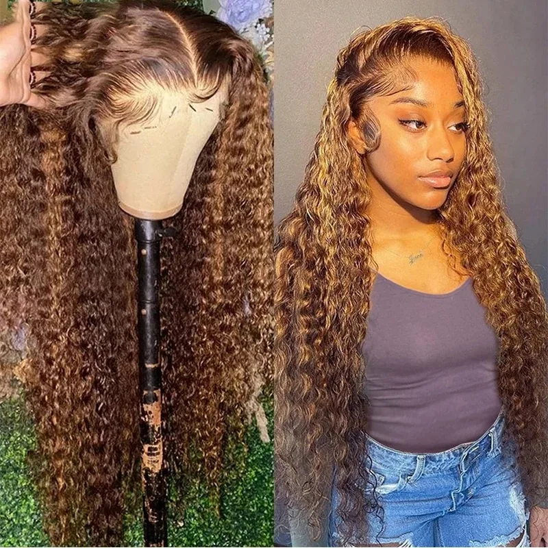 

Highlight Honey Brown Curly Lace Front Human Hair Wigs 13x6 13x4 Remy Ombre Colored Deep Wave Lace Frontal Wig For Women