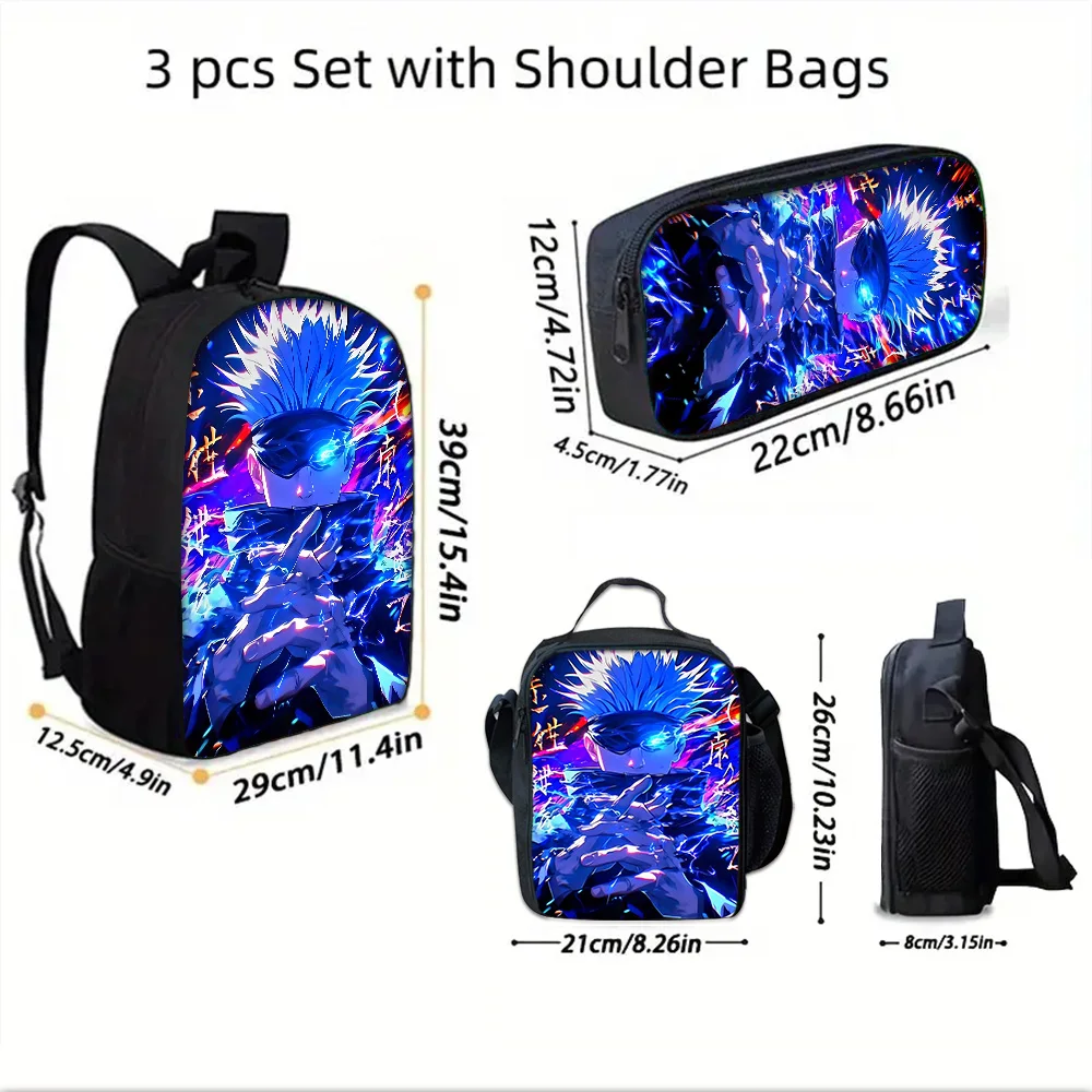Mochila Escolar Anime J-JujutsuS K-KaisenS com Bolsas para Almoço, Bolsas para Lápis, Mochilas Escolares para Meninos e Meninas, Melhor Presente