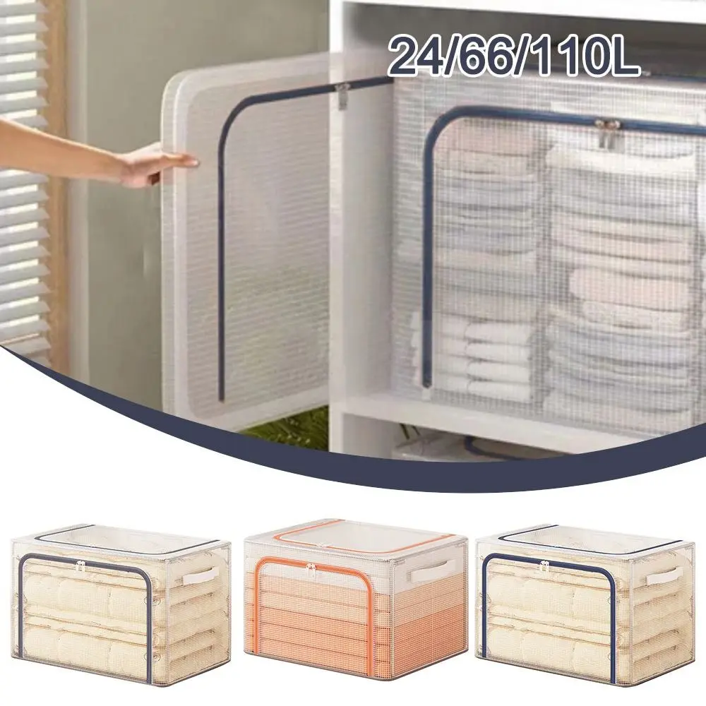 

24/66/110L Foldable Clothes Storage Box With Steel Frame Transparent Clothes Wardrobe Organizer Dustproof Waterproof