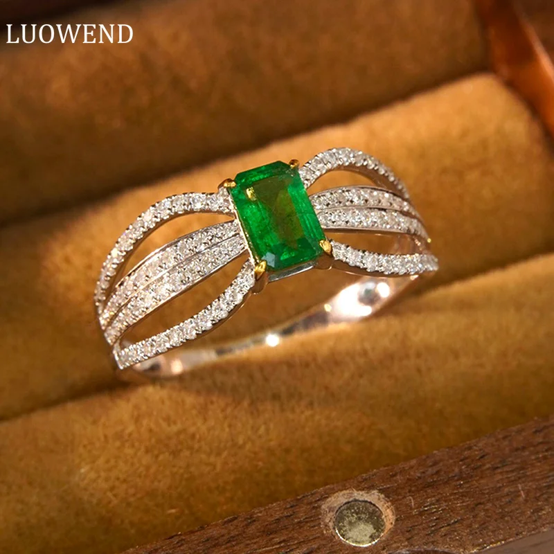 

LUOWEND 18K White Gold Rings Real Natural Diamond Luxury Emerald Romantic Bow Design Gemstone Ring for Women Anniversary Jewelry