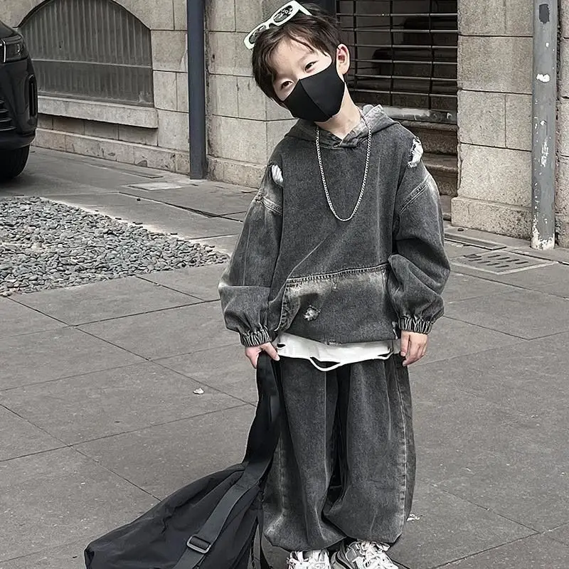 Boys' Sets Denim Hoodies Jeans Two-piece Suits Autumn New American Vintage Hole Handsome Hip-hop Street Children's Clothes Sets