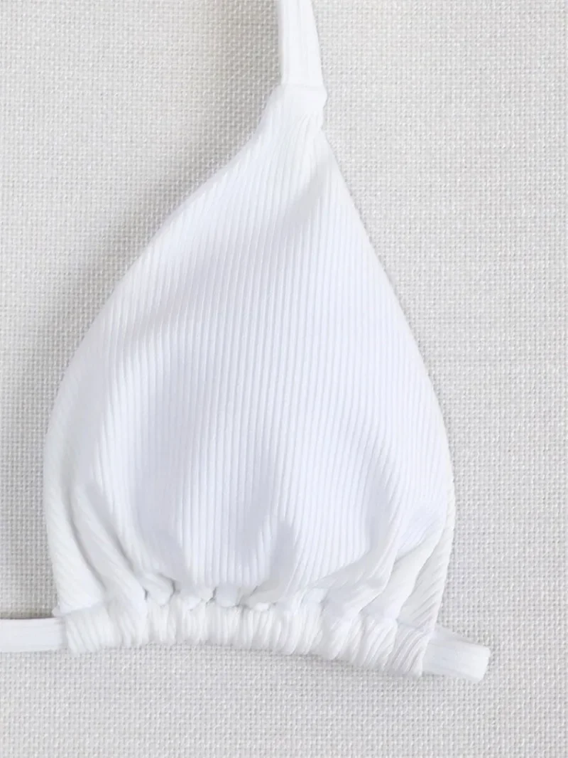 Sexy White Ribbed Halter Bikini Sets Two Pieces High Waist Tie Hollow Women Thong Swimsuit Female Bathing Suit Swimwear Biquini