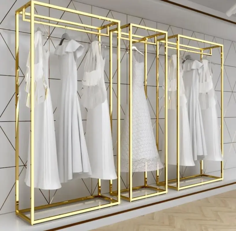 Wedding store shelves, floor to ceiling clothing store display shelves, gold dedicated cinema dress shelves, display hangers