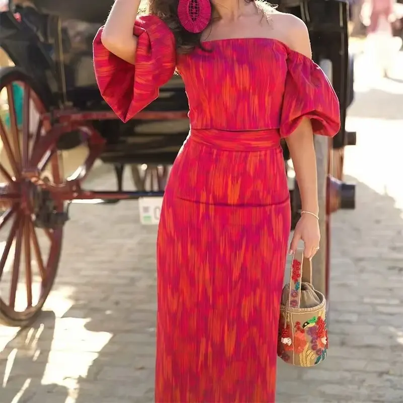 

Elegant Print Off Shoulder Top Skirts Set Women Puff Sleeve Backless Crop Tops+Hip Package Long Skirt 2026 Summer Lady Outfits