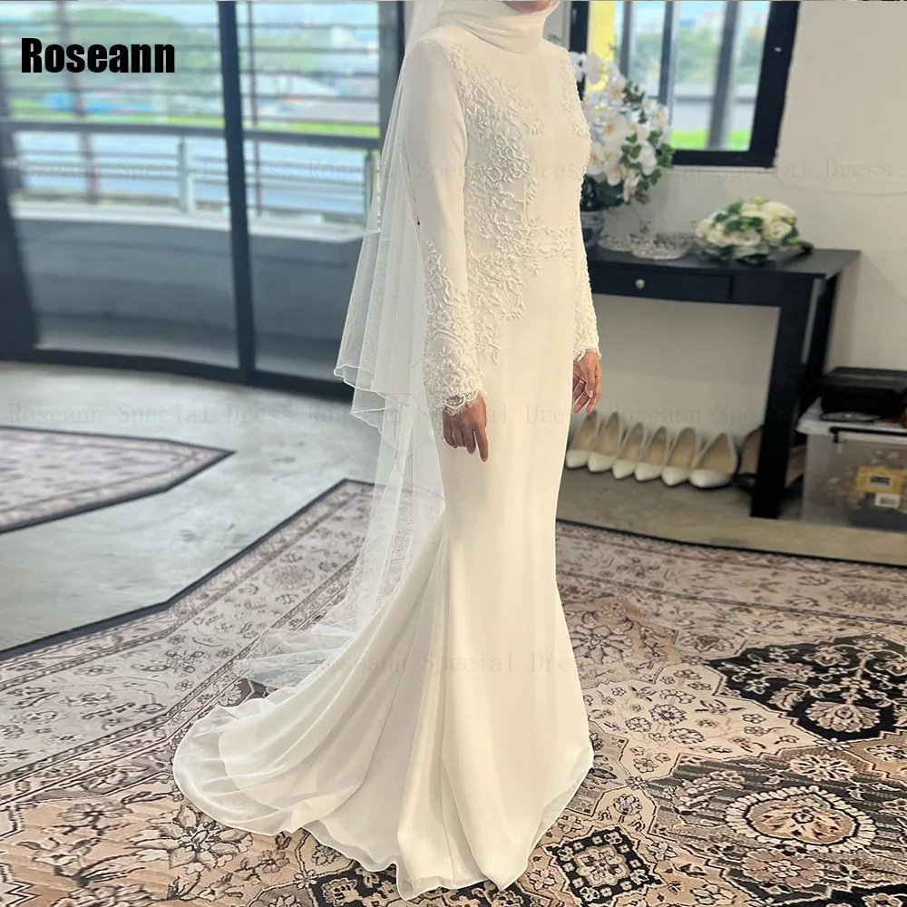 Robe de Mariée Sirène Musulmane Personnalisée avec Fleurs, Col Haut, Design Complet, Exquis, 2025