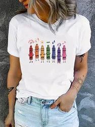 Crayon Print T-shirt Short Sleeve Crew Neck Casual Top for Summer & Spring T-shirt Fashion Casual Summer Top 2024 New Harajuku