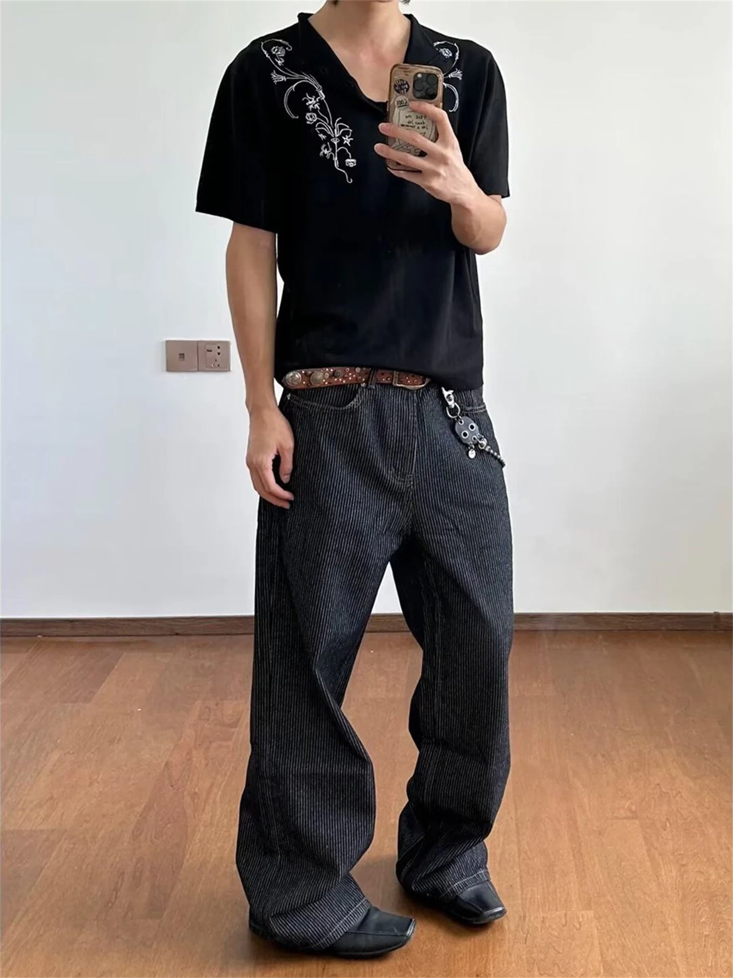 American Stripe Black Original Jeans Men's High Street Straight Loose Cleanfit Wide Leg Long Pants Youth Fashion Autumn