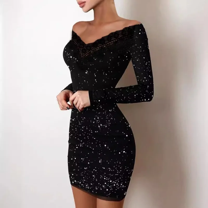 Sexy Bodycon Dress Women Slim-fit Hot Silver One-word Shoulder Hip Wrap Black Dress Long Sleeve Sheath Mini Sheath Evening Dress