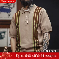 Maden 2024 New Vintage Knitted Polo Bowling Shirts with Yuppie Contrast Striped Lapel Short-Sleeved T-shirt for Men's Summer