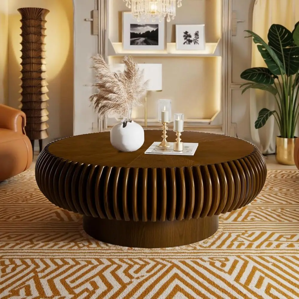 

Round Pedestal Coffee Table - Century Modern, Walnut, 31.5 for Living Room or Small Spaces