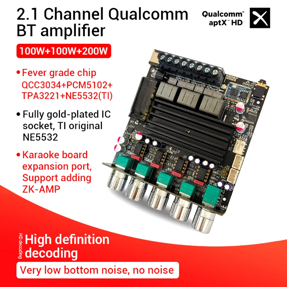 ZK-APTX1 Bluetooth Digital Power Amplifier Board QCC3034 TPA3221 2.1 Channels Subwoofer Sound Amplifier Module Audio AMP