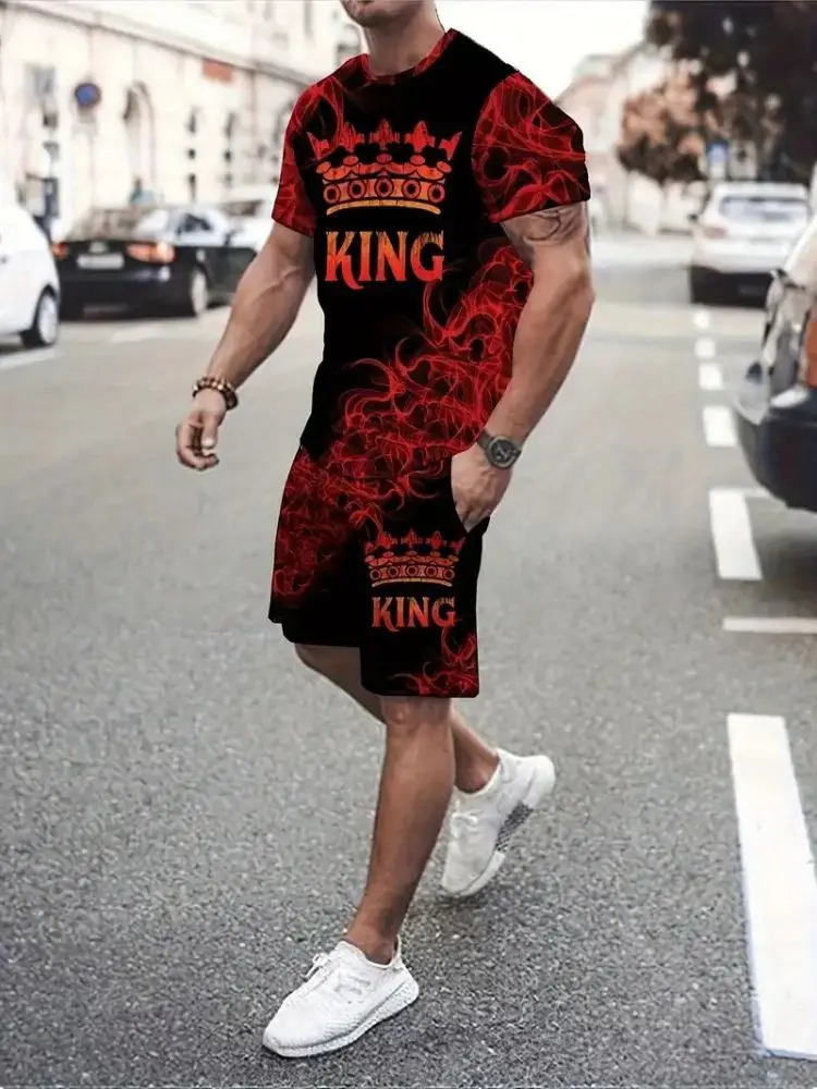 2024 Men\'s Summer 2-piece Set Novelty US dollar bills KING Graphic Print Men\'s Short Sleeve Crew Neck T-shirt & Sports Shorts