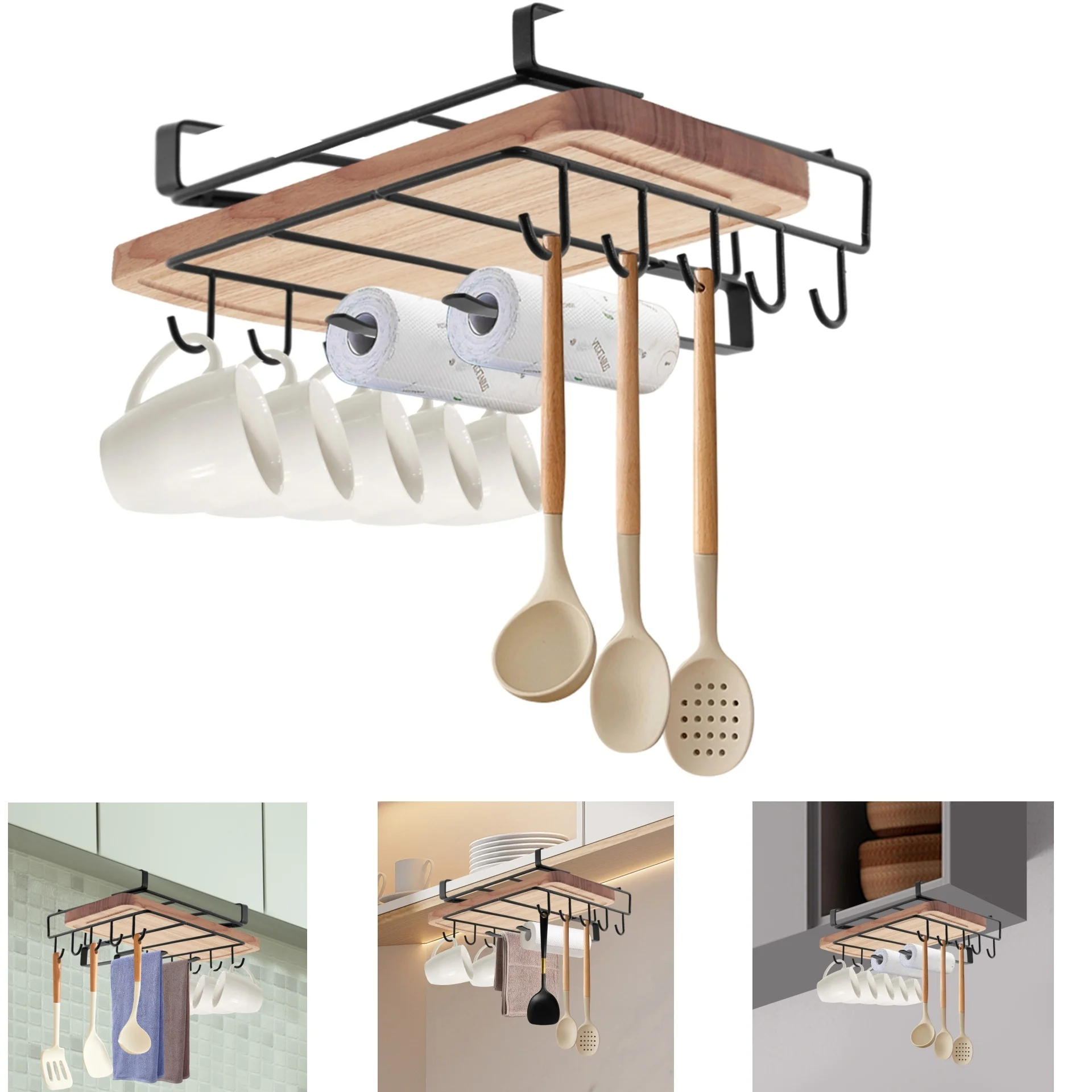 YIYIBYUS Kitchen Hanging Organizer Rack Space Saving Under Cupboard Cutting Board Pot Cover Holder Paper Towel Rags Hanger