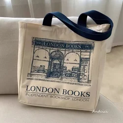 Women canvas shoulder bag London books print ladies casual handbag tote bag reusable large capacity cotton shopping beach bag