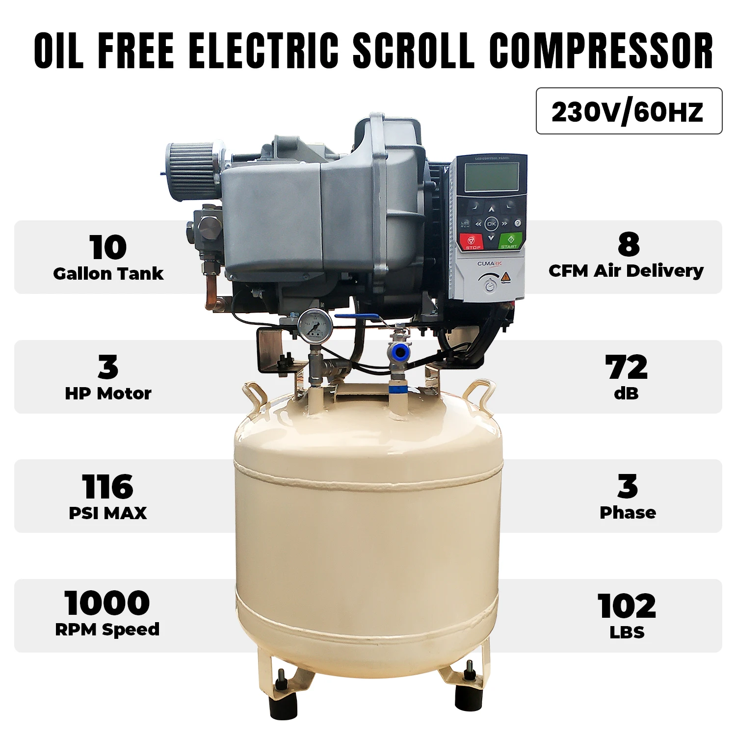 Hpdmc 230v 115psi öl freier Scroll-Kompressor 8cfm mit 10 Gallonen Tank