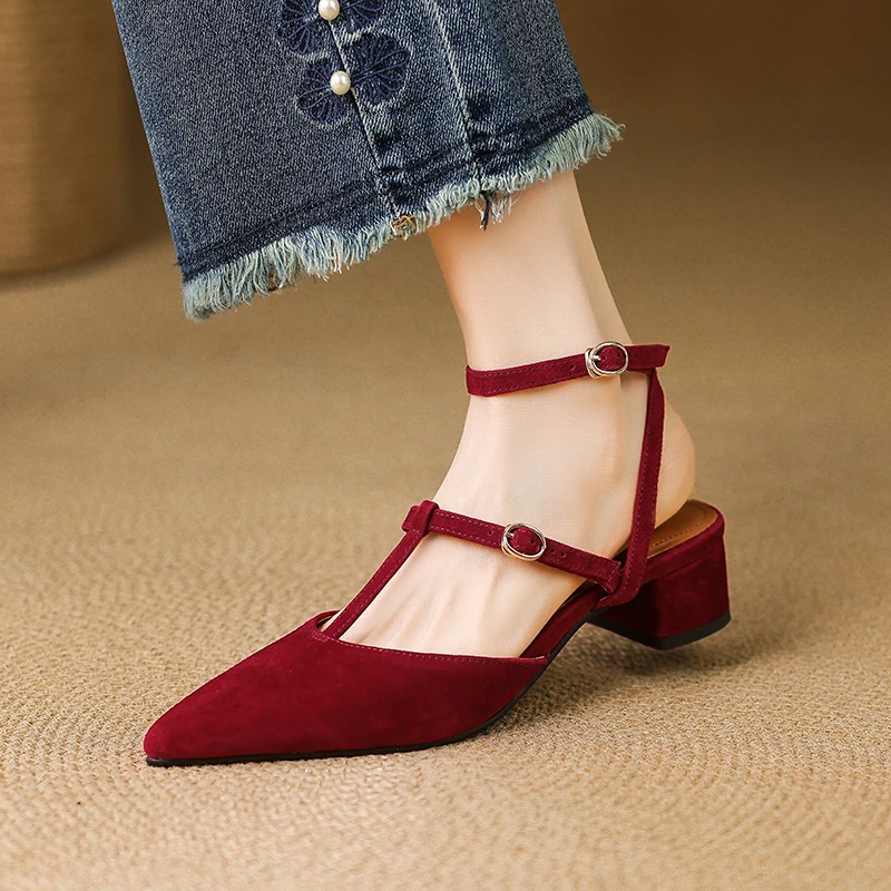 

Новинка 2023 года, женские сандалии с босоножками, замшевые туфли на высоком каблуке из коровьей кожи, летние женские туфли-лодочки с острым носком, пикантные вечерние туфли с Т-образным ремешком