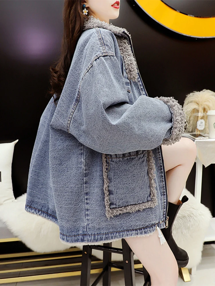 Abrigo vaquero de buena calidad de piel de felpa para mujer, ropa de calle informal holgada acolchada para otoño, ropa de calle para ir al trabajo con cremallera, rejilla de punto peluda a cuadros Chic