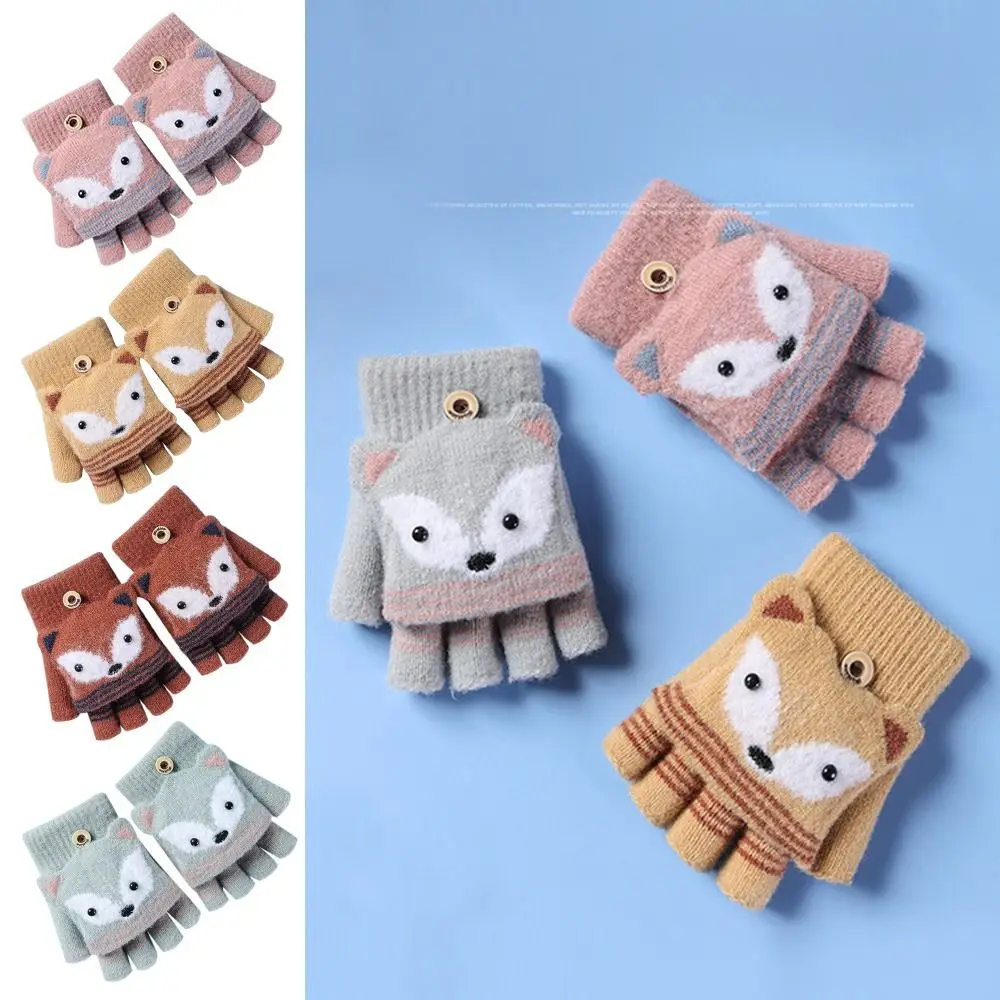 Autumn Winter Children Knitted Gloves Flip Fingerless Gloves Cute Cartoon Fox Warm Half-Finger Gloves