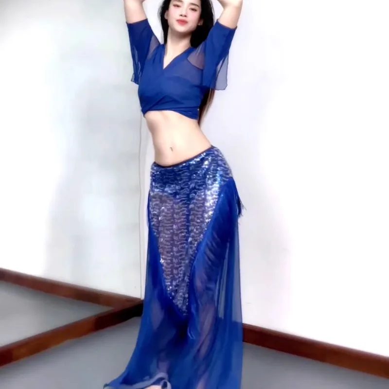 Trajes de dança do ventre personalizados novo conjunto vestido de desempenho vestido de classe sexy temperamento fada prática azul lantejoulas borla vestido