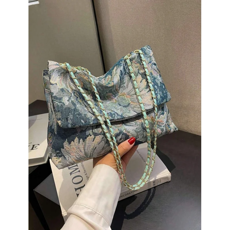 

Flower Pattern Chain Decor Geometric Casual Shoulder , Exquisite Floral Bag For Women