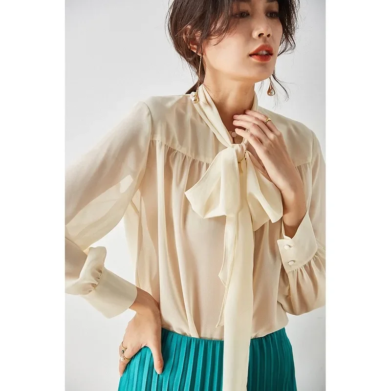 

100% Silk Blouse Women Long Sleeve Shirt Korean Style Top Female Elegant Spring Autumn Woman Blouses 2024 Ropa Mujer Pph3553