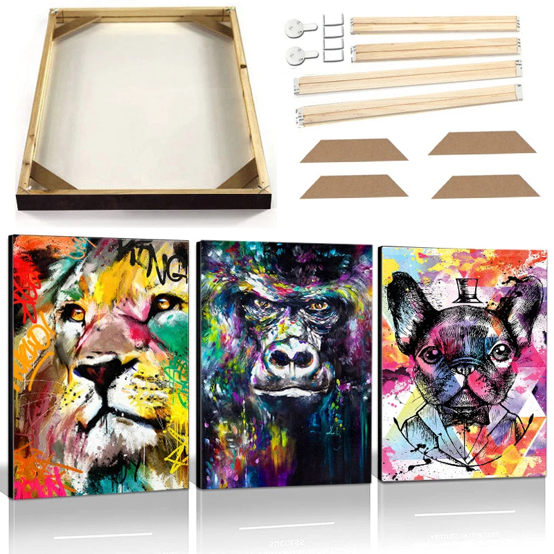 

Street Graffiti French Bulldog Gorilla Lion Poster Prints with Frame Wild Animal Wolf Canvas Painting Wall Art Picture Decor