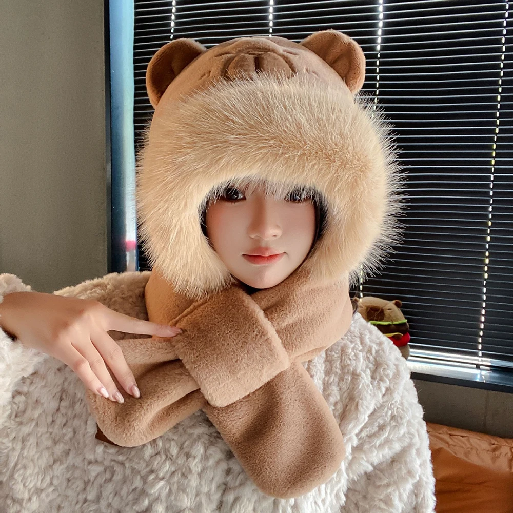 2 in 1 Capybara Hat Scarf Soft Plush Hooded Scarf Headgear Thickened Warmer Furry Scarf Cap Outdoor Cartoon Plush Hat