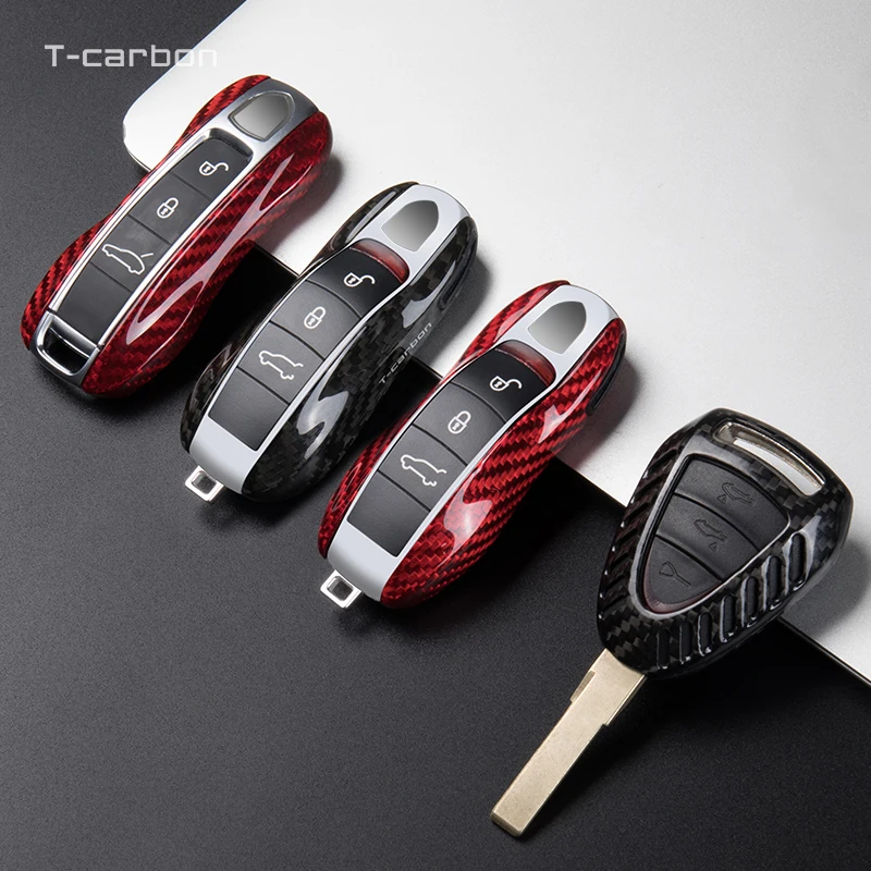 

Car Key Case For Porsche Cayenne Macan Cayman Panamera 718 911 Carbon Fibre Key Chains Key Fob Cover Car Accessories