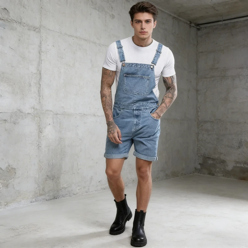 

Men Jeans Overalls Jumpsuits Mid Waist Rompers One Piece Jumpsuits Knee Length Denim Casual Solid Washing Pockets Summer 2026