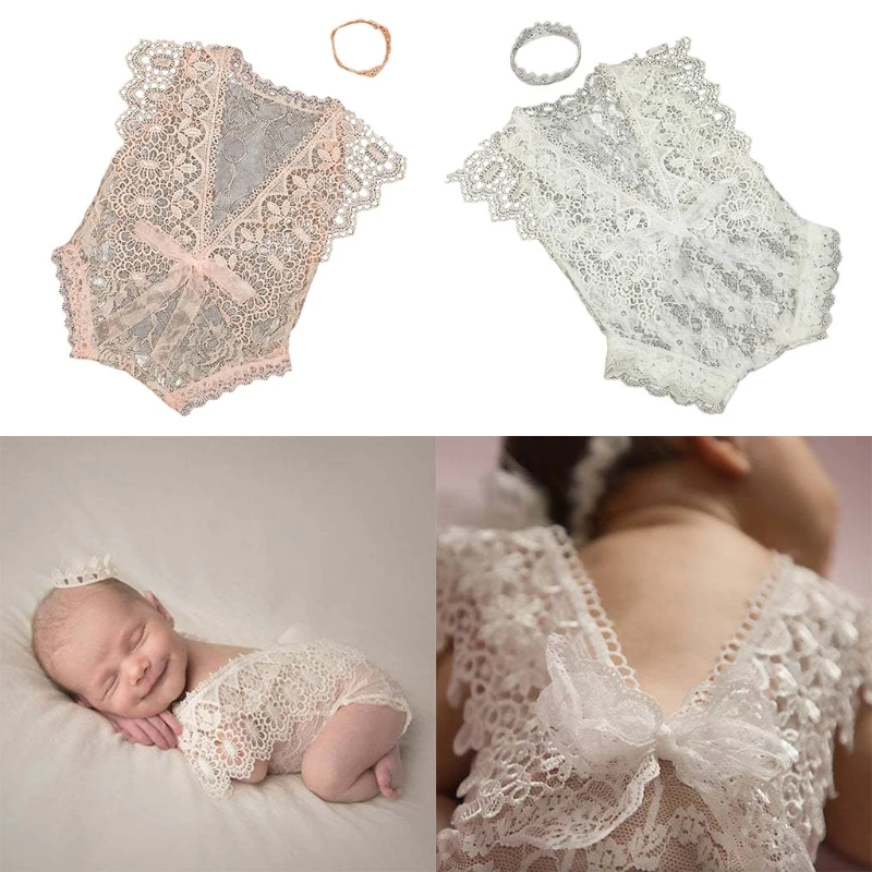 

77HD 2 Pcs/Set 0-1Month Newborn Photography Props Baby Headband Lace Hollow out Romper Bodysuits Outfit Girl Costume Photo