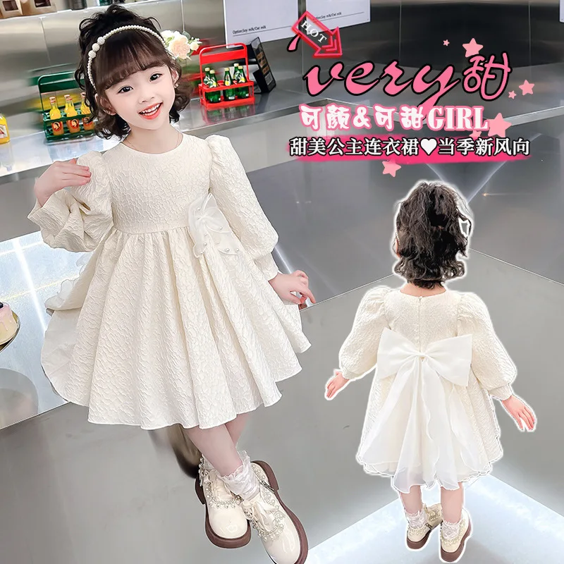 

Girls' Long Sleeve Dress Spring and Autumn Style Children's Fashion Little Girl Back Bow Lace Princess Dress Trendy