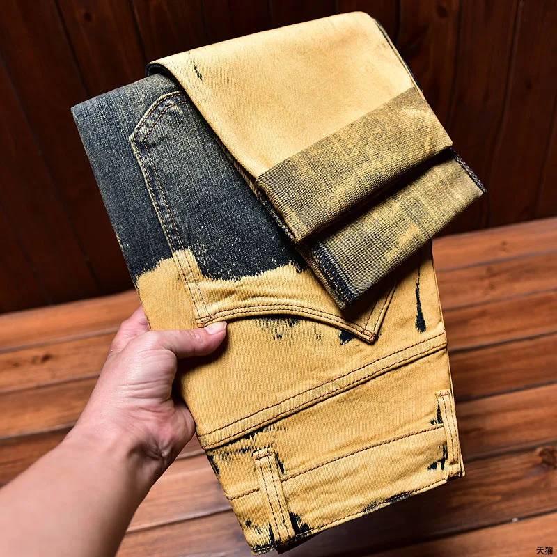 Washed Worn Jeans Men's Personalized Design Ripped Elastic Straight Slim-Fit Trendy Retro Yellow Mud-Color Trousers