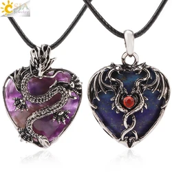 CSJA Double Dragon Necklace Natural Stone Heart Crystal Pendant Amulet Neckalces for Man Women Halloween Jewelry Gift H238