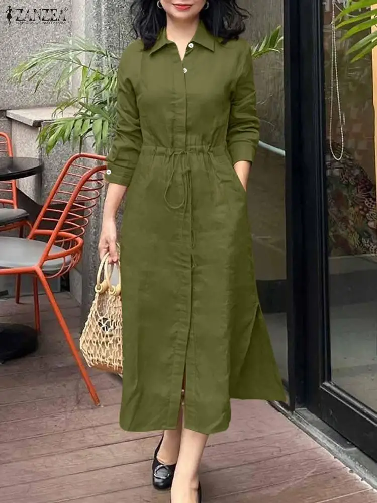 ZANZEA otoño elegante solapa cuello manga larga vestido camisero vestidos de mujer 2025 elegante sólido OL vestidos de trabajo botones Midi Up Robe