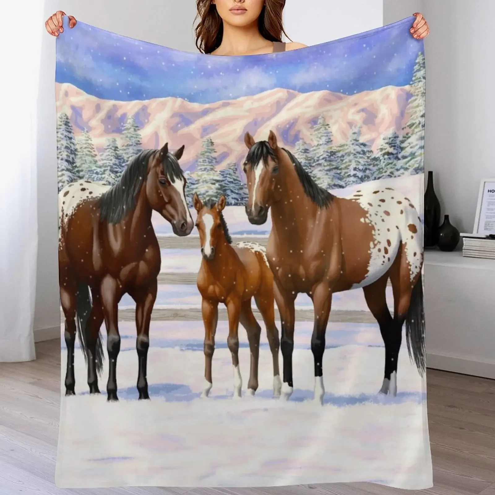 Bay Appaloosa Quarter Horses In Winter Snow Throw Blanket Bed linens Stuffeds Blankets