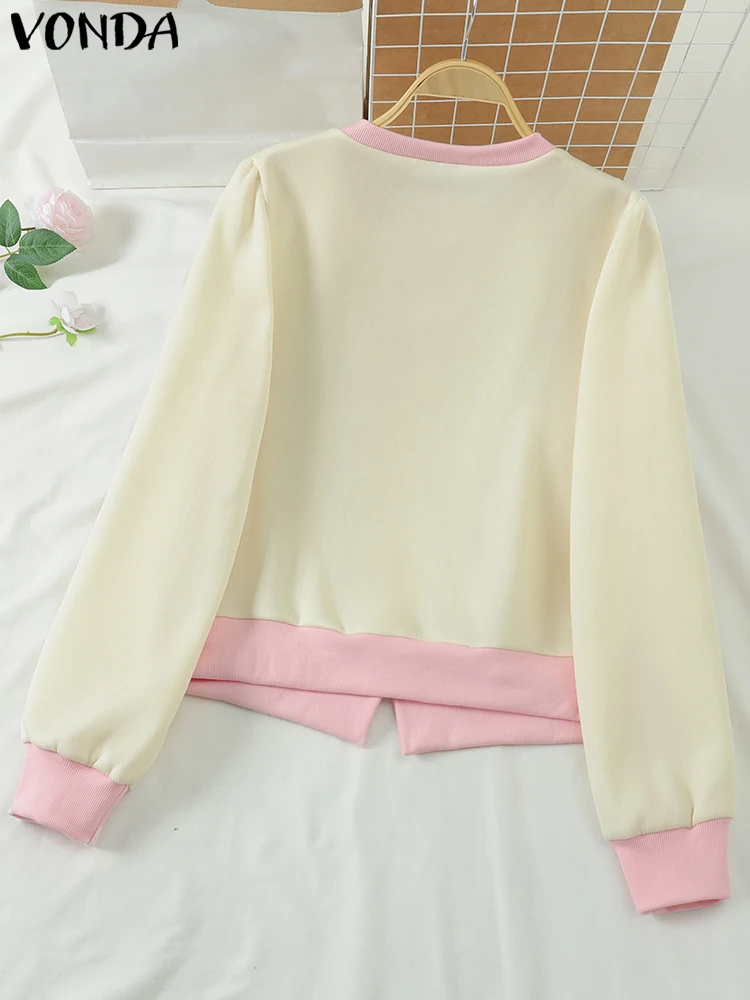 VONDA CasualหลวมOคอเสื้อผู้หญิงเสื้อแขนยาวElegant Splicing Bow Tie Tops 2025 Bohemian Blusasขนาดใหญ่