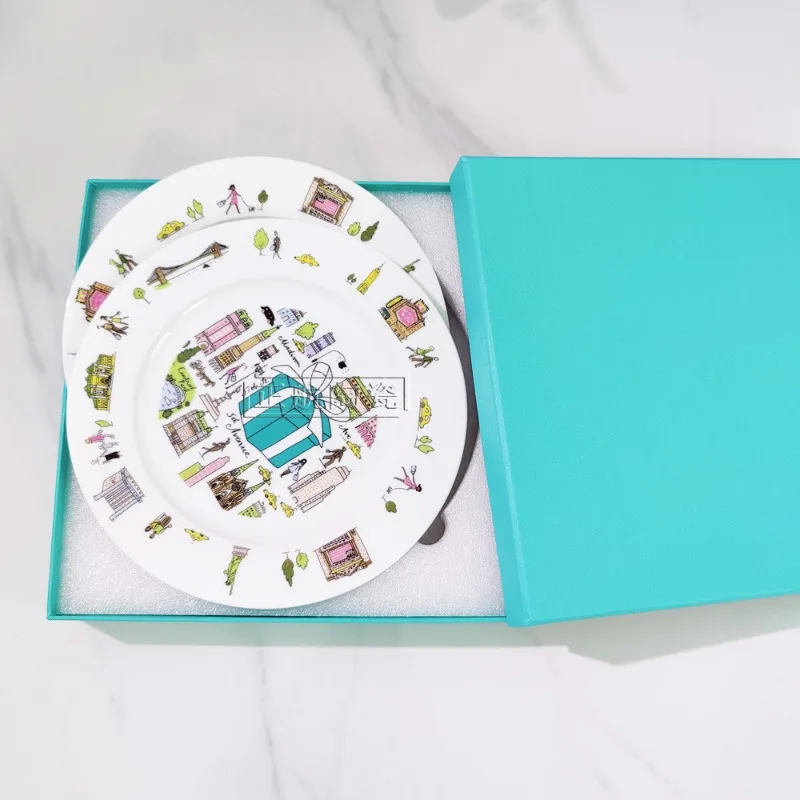 

European - Style Ceramic 8 - Inch Dinner Plate Set of 2 Salad Plates Classic Cartoon Style Double - Plate Tableware Gift Box