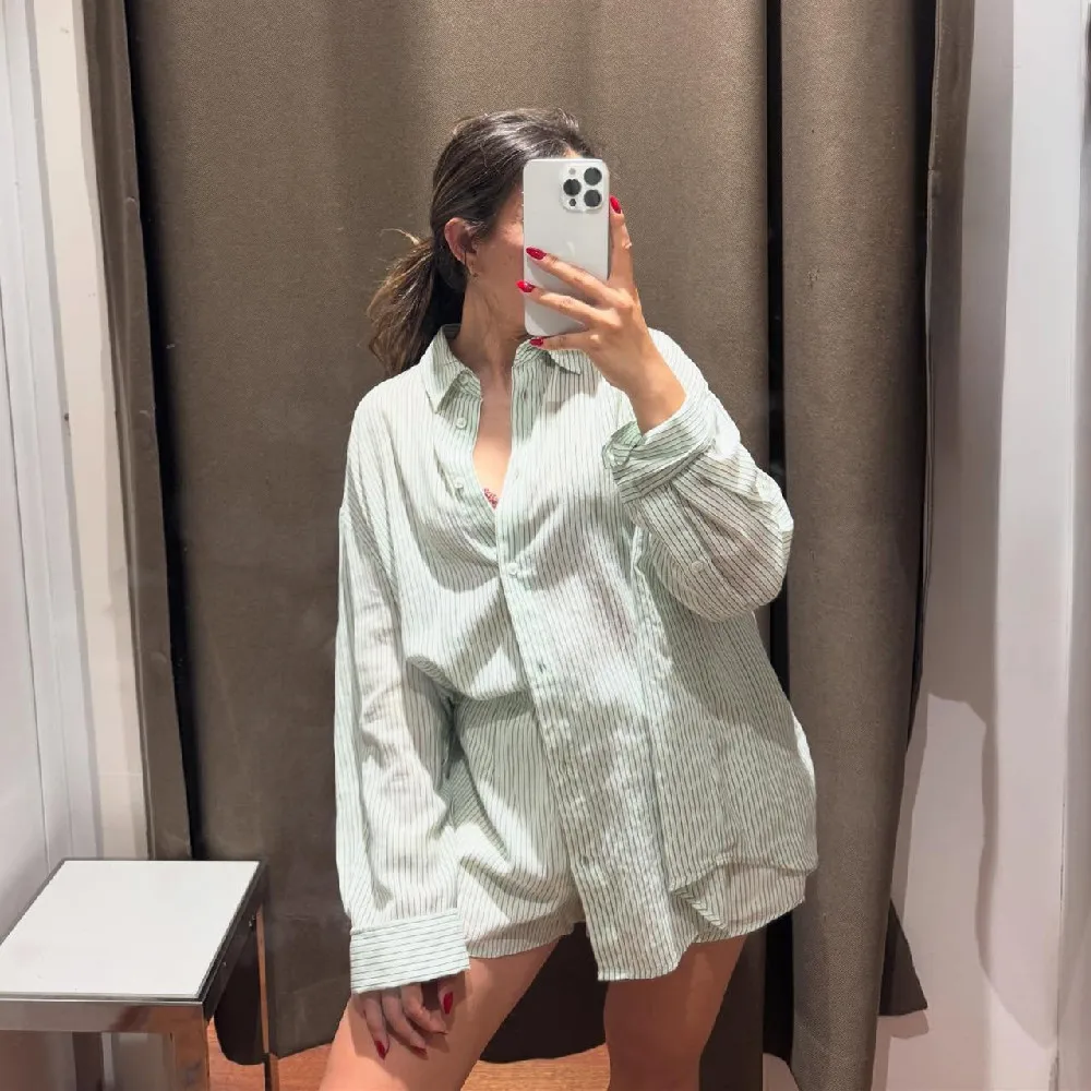 

PB&ZA 2025 lazy style striped loose long-sleeved casual shirt + striped casual shorts suit summer women's clothing