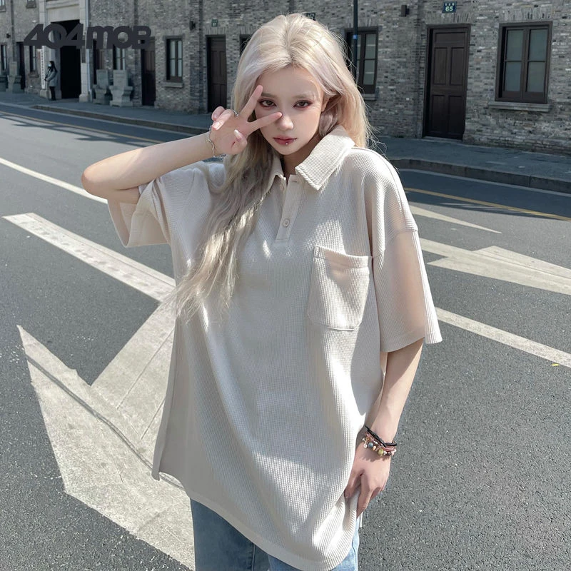 Waffle Vintage Polo Oversized Side Slit 2022 Summer Short Sleeve Women T Shirts Korean Pullover Japanese Fashion Harajuku Tops