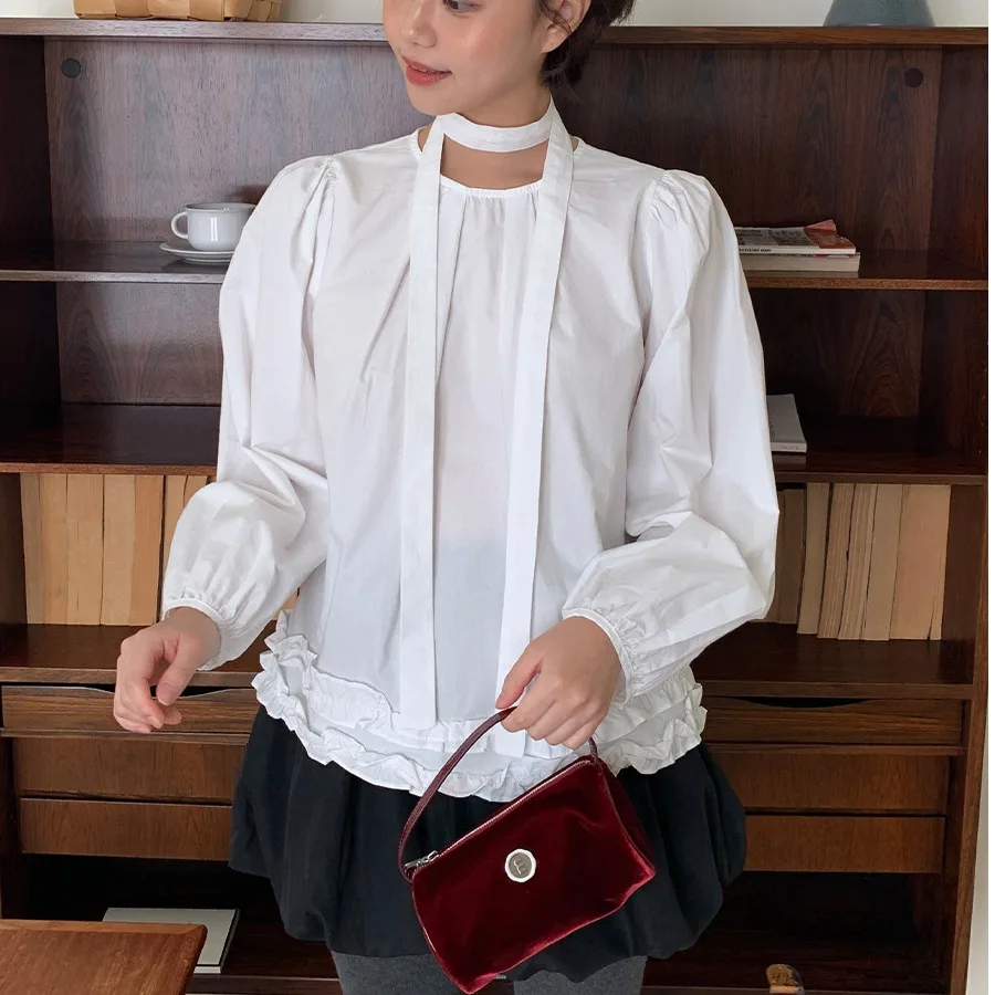 ملابس مكتب نسائية كورية أنيقة irt Sweet Gentle Age-Defng طويلة Sve مع حزام كشكش من الخشب