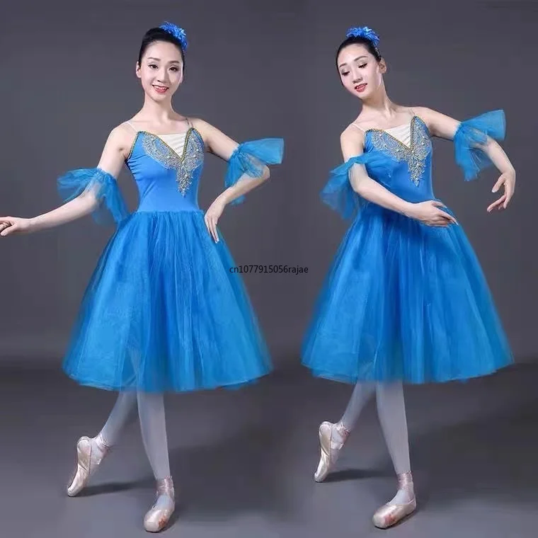 Vestido de Ballet largo y romántico para niña, tutú azul, ropa de actuación, disfraz de Hada, Lago de los cisnes