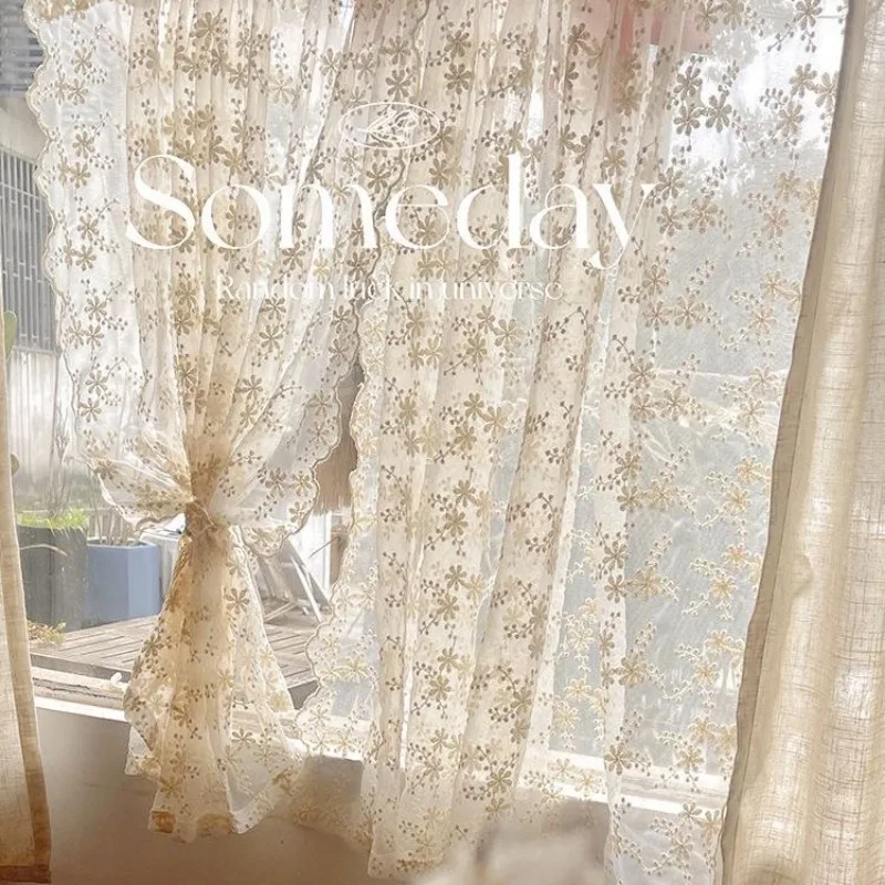 French Vintage Romantic Beige Lace Floating Window Curtains for Living Room Bedroom Partition No Hole Punch Curtains Home Decor