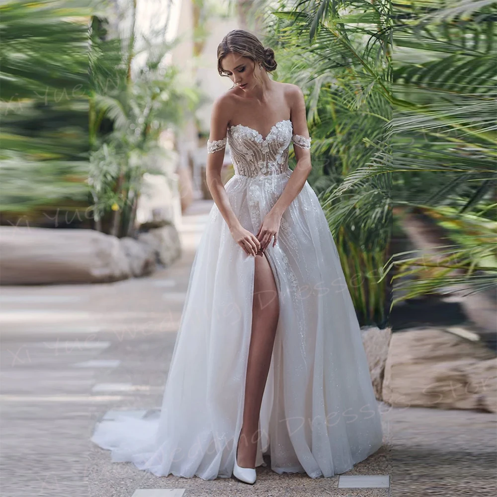 Lussuosi abiti da sposa A Line per le donne Applicazioni in pizzo Abiti da sposa con spalle scoperte Senza maniche Spacco laterale Vestido De Novia