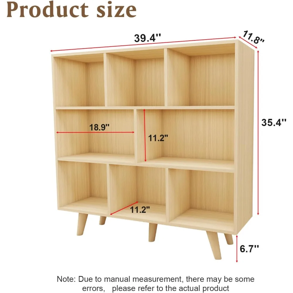 Wood 8-Cube Storage Organizer, 3-Tier Cube Book Shelf with Back Panel & Legs, Horizontal Low Bookcase for Bedroom, Living Room,