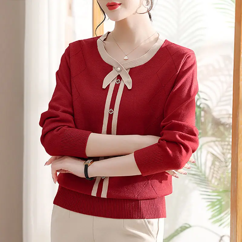 Fashion Elegant Solid Spliced Knitted Tops Autumn Winter Women's Clothing All-match Simplicity Long Sleeve Sweaters for Female