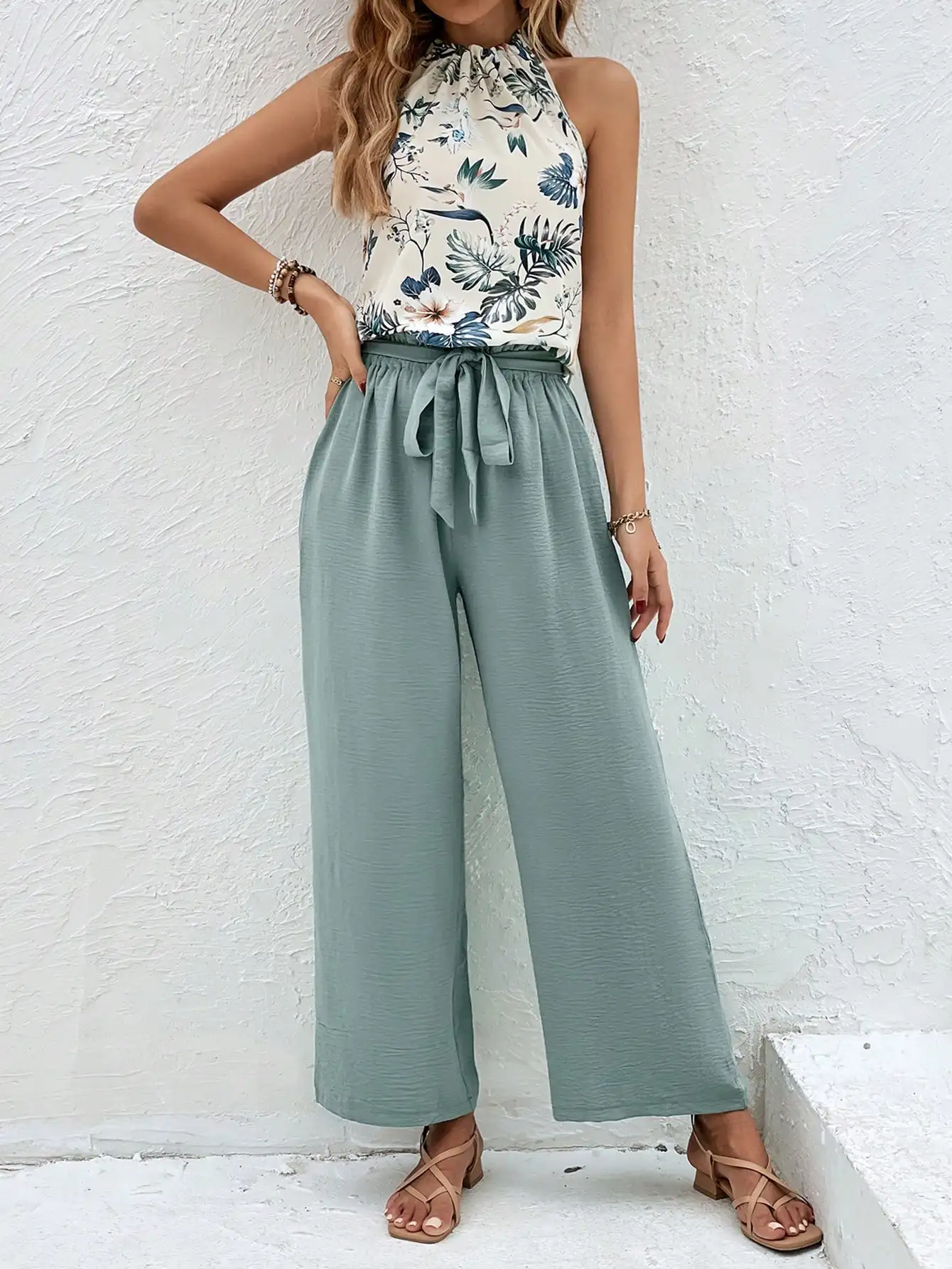 2024 Cross-border European and American flower print sleeveless halter top + solid color wide leg pant suit