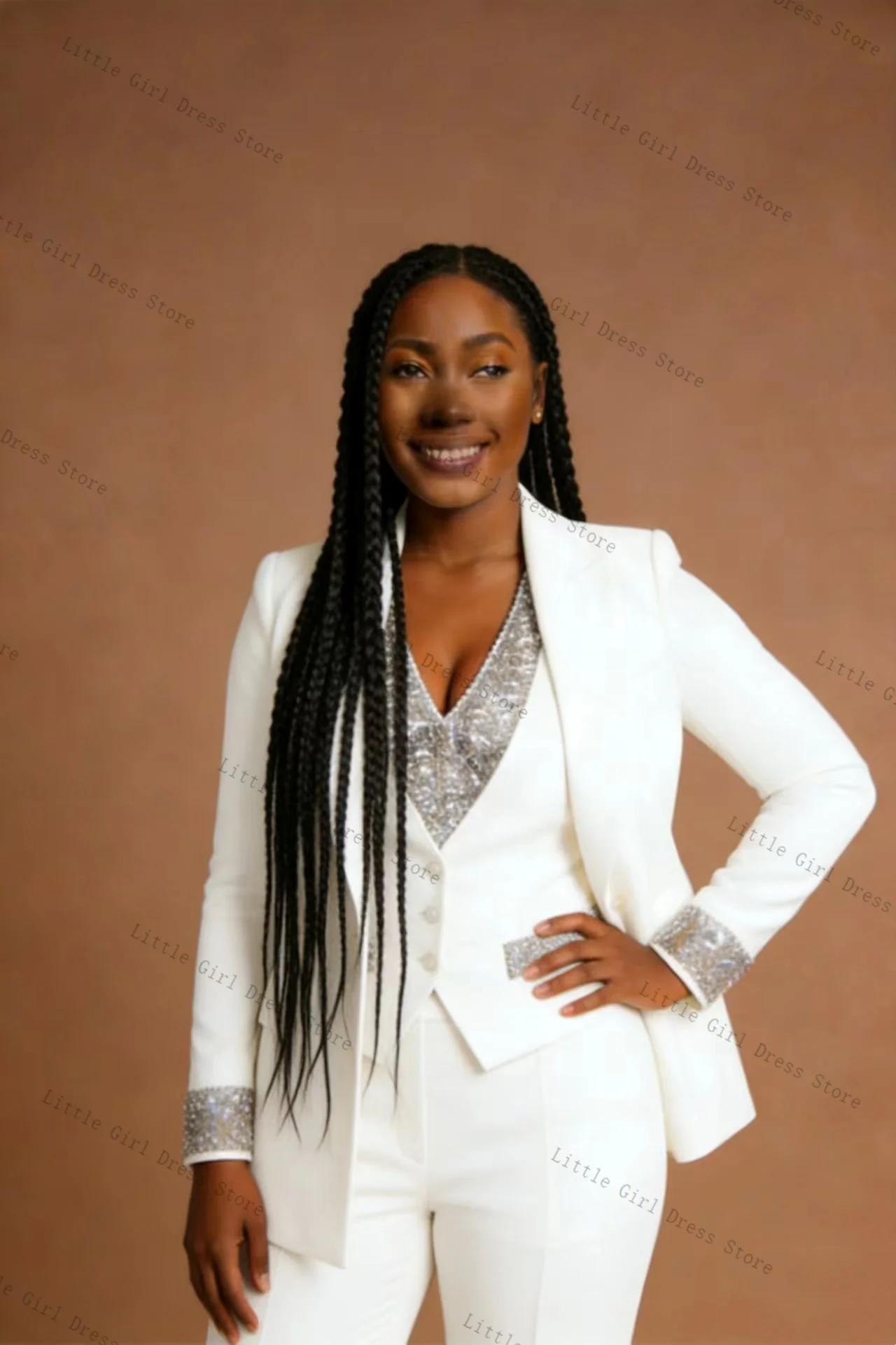 

3 Piece White Women Suit Set Blazer Vest Pants Trousers Crystals Formal Office Lady Jacket Prom Wedding Bride Coat Customized